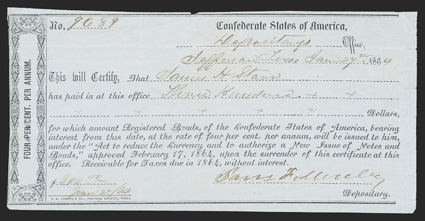 TX. Jefferson. $300. June 27, 1864. TX-57. Houston Type 3. NO. 9689. Endorsements on back of James Starr, with Oscar Holmes as witness. B>Fine, small edge tears. From The
Holger Dreher Collection