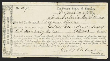 TX. San Antonio. $1200. May 21, 1864. TX-81. Houston Type 1. No. 1072. Endorsement on back. Fine, edge tears, pinholes and insect holes at left. From The Holger Dreher
Collection