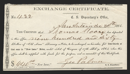 TX. San Antonio. $960. Dec. 30, 1864. TX-87. Houston Type 14 Exchange Certificate. No. 432. This is the IDR Plate Form from page 383, and is listed as a Rarity 15 (Unique).  A
beautiful Extremely Fine example with three pinholes.
