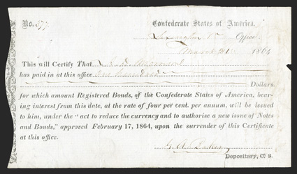 VA. Lexington. $100. March 21, 1864. VA-64. Local Typeset. No. 377. On white laid post paper with crown, shield and posthorn watermarks (Kent Mills, Improved 1852). Assignment
endorsement on back. VF, with small tear at right ed