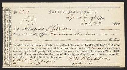 VA. Lynchburg. $1900. July 28, 1863. VA-85. Richmond Type III. No. 623. Red serial numbers similar to VA-82. VF, 3 pinholes. From The Holger Dreher
Collection