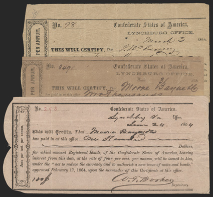 Trio of Lynchburg, Virginia IDRs from 1864: [3] 1) $100. June 24, 1864. VA-92. No. 98. VG. 2) $2000. March 31, 1864. VA-93. No. 2491. VG. 3) $200. March 3, 1864. VA-96. No.
293. Fine. From The Holger Dreher Collection