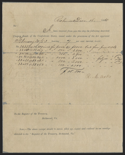 VA. Richmond. Redemption Form.  Dec. 16, 1864. This redemption form has been silked, with internal separations noticed along two fold lines across sheet. Very Good. From The
Joe C. Copeland Collection