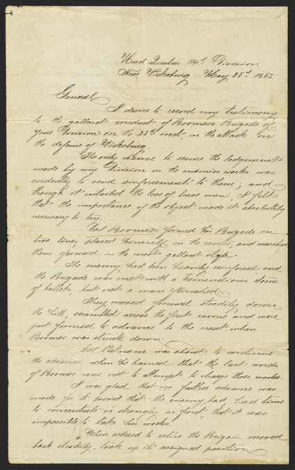 Vicksburg: Boomers Brigade Important Manuscript Letter, an official copy of the report of Brig. Genl. E.A. Carr of the 14th Division on the actions of Col. George B. Boomers
Brigade of the 7th Division, 1-13 pages, legal folio, outside Vic