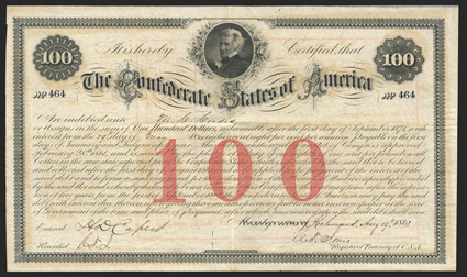 Act of February 28, 1861. $100. Cr. 2A, B-13. No. 464. Andrew Jackson at top center. Transfer certificate printed in red on the reverse. Signed by Jones. Montgomery crossed out
and Richmond written in with Aug. 19th. About VF. Accor