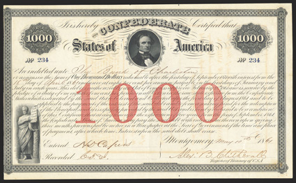Act of February 28, 1861. $1000. Cr. 4, B-16. No. 234. Jefferson Davis as U.S. Senator, center. Man in classical garb with scroll, lower left. Signed by Clitherall. Issued in
the provisional Confederate capital of Montgomery. Fewer than 400 iss