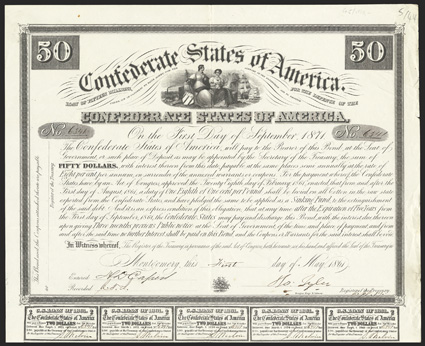 Act of February 28, 1861. $50. Cr. 5, B-2. No. 6341. On thick bond paper. Two females representing Commerce and Agriculture, ships and factories behind. Signed by Tyler. 9
coupons below. Folds, wear at right edge including nick at fold, about