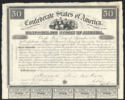 Act of February 28, 1861. $50. Cr. 5A, B-1. No. 4752. On thin red silk fiber paper. As preceding. Signed by Jones. 18 coupons below. Folds, toning, light toning at top right,
about VF From The Holger Dreher Collection