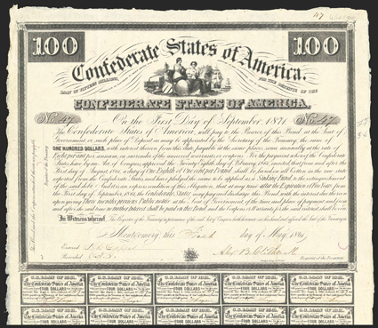 Act of February 28, 1861. $100. Cr. 6A, B-5. No. 47 As previous. On thin red silk fiber paper. Signed by Clitherall. 16 coupons below. Overall toning, light fold wear, some
wrinkling in margins, about VF. From The Holger Dreher Collec