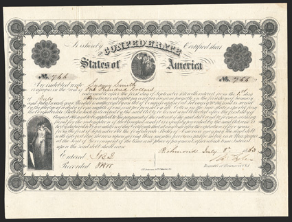 Act of February 28, 1861. $100. Cr. 10, B-19. No. 766. Confederacy, left farmer with woman, center. Signed by Tyler. Red transfer form on verso. Folds, dark toning upper right,
overall toning, foxed on verso, about VF. From The H