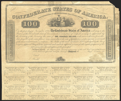 Act of May 16, 1861. $100. Cr. 11, B-21. Unissued. Women at top with ships, tree, wagon, farming implements rest on beehive at bottom, all coupons, overall toning, with uneven
staining in spots, tape repairs to right edge, top right corner out,