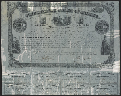 Act of May 16, 1861. $1000. Cr. 13, B-25. No. 690. Indian Prince, left men loading wagon with cotton, flanked by sailing ships, center. Minerva, right. Printed on thick bond
paper. Last coupon would not have been cancelled based on ser
