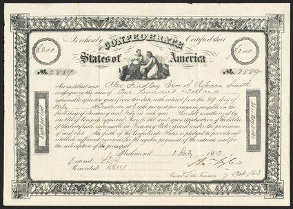 Act of May 16, 1861. $200. Cr. 14, B-27. No. 2889. As preceding. Signed by Tyler. Red transfer form on back. Overall toning, light fold and edge wear, small stain top margin,
about VF. From The Holger Dreher Collection
