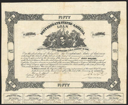 Act of August 19, 1861. $50. Cr. 19. Criswell Plate Bond. B-83. No. 462. Burton Harrison, surrounded by three allegorical females. Signed by Tyler. 19 coupons below. B. Duncan.
Fold and edge wear, light foxing, about VF. From The