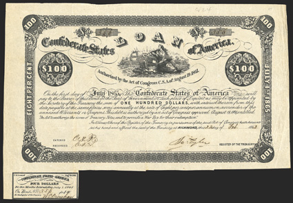 Act of August 19, 1861. $100. Cr. 24, B-36. No. 356. Due July 1, 1865. Similar to preceding, with Entered and Recorded printed left. Signed by Tyler. One coupon below. Evans &
Cogswell. Toned, edge and fold wear, VF. From The