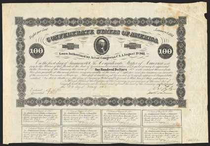 Act of August 19, 1861. $100. Cr. 27, B-48. No. 281. Portrait of George Washington, top center. Signed by Tyler. 8 coupons below. Hoyer & Ludwig. Foxed, with edge wear, folds,
small piece out of right margin, about VF. From The Holger