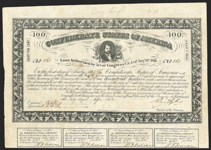 Act of August 19, 1861. $100. Cr. 28, B-51. No. 561. As previous. Signed by Tyler. All coupons present (13). Foxed, folds, edge wear, about VF. From The Holger Dreher
Collection