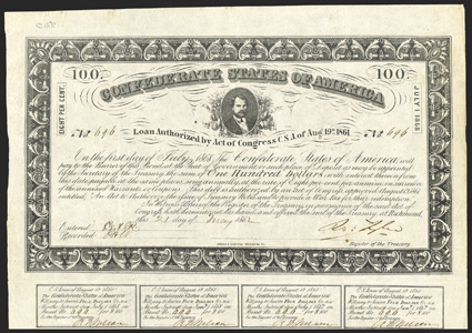 Act of August 19, 1861. $100. Cr. 28, B-51. No. 696. While Criswell notes unidentified man, Dr. Ball identified the gentleman as Postmaster General Reagan. Signed by Tyler. 7
coupons below. Hoyer & Ludwig. Edge wear and toning at righ