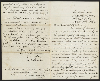 Proctors Creek: Soldiers Letter Great detail content ALS by Albert F. Sharp, 10th Connecticut Infantry, 4 pages, 8vo, In Camp, near Pt. Walthall, Va, May 17, 1864. He writes to
his family, The whole of Sunday [May 15] was enjoye