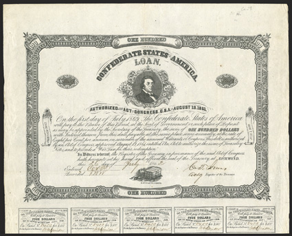Act of August 19, 1861. $100. Cr. 29, B-54. No. 8453. As previous. Signed by Jones. 9 coupons below. Light edge wear, folds, a good VF. From The Holger Dreher
Collection