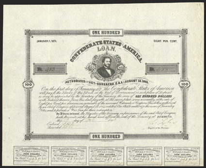 Act of August 19, 1861. $100. Cr. 31, B-63. No. 453. Judah P. Benjamin, center. Signed by Tyler. 12 coupons below.  Folds, light edge wear right, about VF+. From The Holger
Dreher Collection
