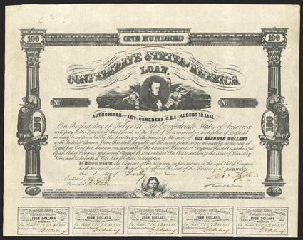 Act of August 19, 1861. $100. Cr. 32, B-67. No. 1073. Thomas Bragg portrait supported by two females, Commerce and Agriculture. Border frame with two females, left and right
with die counter, childs head at bottom. Signed by Tyler. 13 coupons