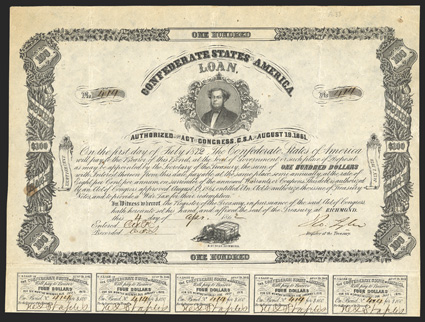 Act of August 19, 1861. $100. Cr. 33, B-72. No. 414. S.R. Mallory portrait facing left. Dog with safe and key, bottom. Folds, toning, a few spots, VF. From The Holger Dreher
Collection