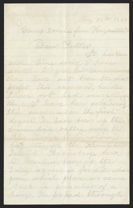 Chambersburg Raid: Union Cavalrymans Letter Great content ALS in pencil by Edgar Peirce of the 14th PA Cavalry, 4 pages, 8vo, in Camp 7 miles from Hagerstown, Md, August 24,
1864. He tells his brother that We have been up the Shenand