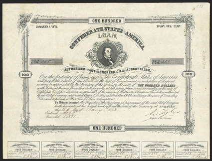 Act of August 19, 1861. $100. Cr. 38, B-89. No. 355. Printing Error. R.M.T. Hunter. Signed by Tyler. 20 coupons below. Light foxing mostly in margins, folds, VF. From The
Holger Dreher Collection