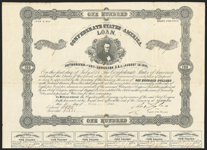 Act of August 19, 1861. $100. Cr. 44. Criswell Plate Bond. B-116. No. 1409. Thomas Bragg at center. Signed by Tyler. 27 coupons below. B. Duncan. Fold wear, soiling along
folds, VF. From The Holger Dreher Collection
