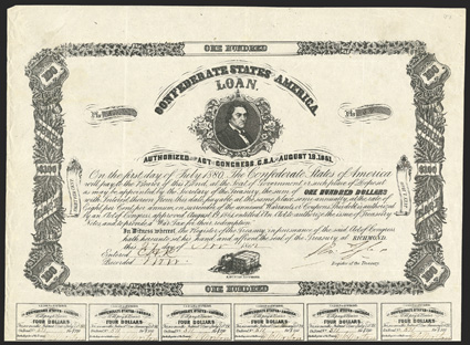 Act of August 19, 1861. $100. Cr. 47, B-125. No. 571. RMT Hunter. Signed by Tyler. 31 coupons below. Folds, some wear at left edge, VF+. From The Holger Dreher
Collection