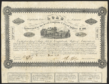Act of August 19, 1861. $1000. Cr. 53. Criswell Plate Bond. B-53. No. 584. Locomotive with straight steam. Signed by Tyler. Complete coupons (13). Fold split repaired on verso
with paper, edge wear, right edge irregular, Fine. Fro