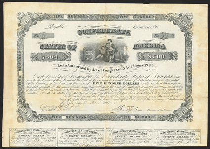 Act of August 19, 1861. $500. Cr. 53, B-43. No. 98. Seated woman and children look at safe labeled Confederate States Treasury. Signed by Tyler. 4 coupons below. Hoyer &
Ludwig. Uneven toning, fold wear, VF. From The Holger Dreher
