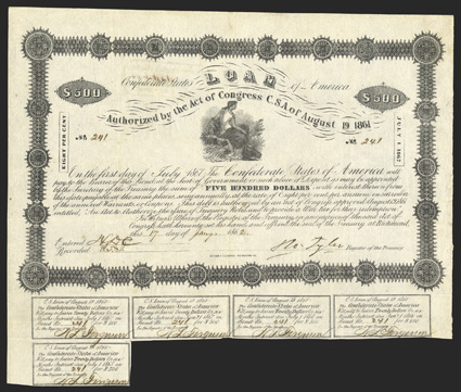 Act of August 19, 1861. $500. Cr. 54, B-46. No. 241. Ceres seated with wheat. Signed by Tyler, though Ball lists Jones for this range. 4 coupons below. Hoyer & Ludwig.
Show-through from Dutch stamp on verso, fold and edge wear, but clean and