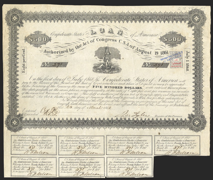 Act of August 19, 1861. $500. Cr. 56, B-52. No. 278. Vignette of the Virginia State arms - Athena trampling a tyrant, and motto Sic Semper Tyrannis. Signed by Tyler. 7 coupons
below. Dutch revenue stamp at right. Edge and fold wear, tonin