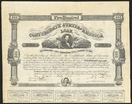 Act of August 19, 1861. $500. Cr. 60, B-68. No. 444. Judah P. Benjamin supported by Agriculture and Commerce, ships and factories in the background. Childs head, bottom. Fold
wear, toned, soiling on verso, but VF. From The Holger Dre