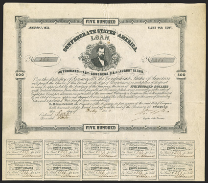 Act of August 19, 1861. $500. Cr. 62, B-78. No. 266. As previous, but with blue black ink. Signed by Tyler. 16 coupons below. Folded through face, some foxing, wrinkles,
lightly soiled, but VF. From The Holger Dreher Collection