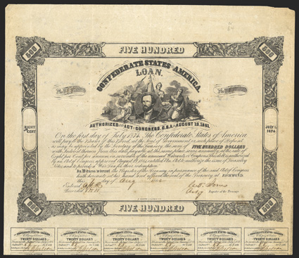 Act of August 19, 1861. $500. Cr. 64, B-85. No. 88. George W. Randolph portrait, surrounded by three female allegoricals. Toned and soiled, edge wear, light foxing, a strong
Fine. From The Holger Dreher Collection