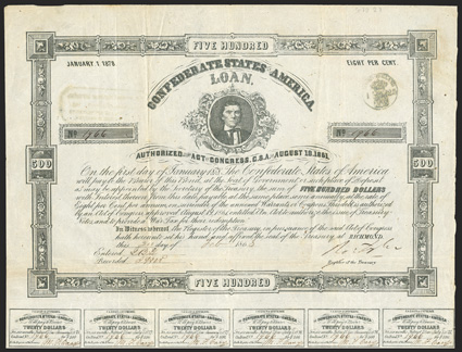 Act of August 19, 1861. $500. Cr. 70, B-113. No. 1966. Printed on thin paper. A. H. Stephens. No imprint. Signed by Tyler. 26 coupons below. Dutch stamp on verso Dutch revenue
stamp upper right. Edge and fold wear, VF. From The Holge