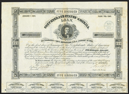 Act of August 19, 1861. $500. Cr. 70, B-113. No. 191. On thick paper. As previous, with no imprint. Signed by Tyler. 26 coupons below. Folds, light spotting and edge wear, VF.
From The Holger Dreher Collection