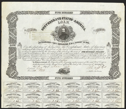 Act of August 19, 1861. $500. Cr. 74, B-127. No. 740. Unidentified mans portrait. Dutch stamp and CSA Bondholders Committee stamp on verso. Signed by Tyler. 31 coupons below.
Wear and toning at edges, stamp show-through, VF. From