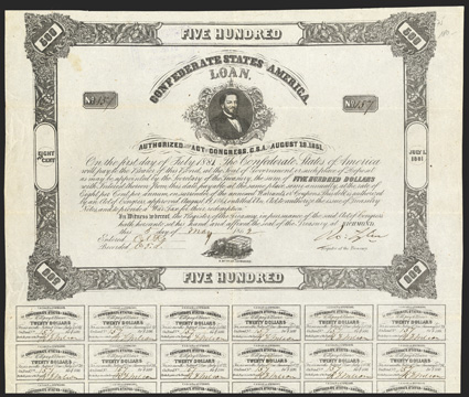 Act of August 19, 1861. $500. Cr. 75, B-134. No. 157. Judah P. Benjamin, top center. Dog with safe and key, bottom. Signed by Tyler. Bondholders Committee stamp on verso. 33
coupons below. Light stain upper left, edge wear, folds, VF. <