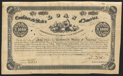 Act of August 19, 1861. $1000. Cr. 76, B-32. No. 365. Due July 1, 1864. As previous, but signed by Tyler. Dark toning, spindle holes at right and left, fold and edge wear,
about Fine. From The Holger Dreher Collection