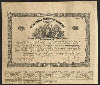 Act of August 19, 1861. $1000. Cr. 79, B-41. No. 710. Portrait of Samuel Preston Moore, Surgeon General, C.S. Army, surrounded by three female allegoricals. Signed by Tyler.
Coupons complete. Well toned, with small hole, foxing, fold and edge