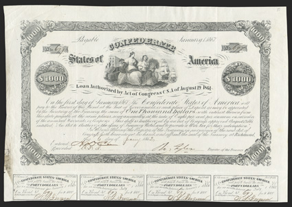 Act of August 19, 1861. $1000. Cr. 80, B-44. No. 697. Commerce and Ceres, center, with a British shield, cotton bales, ships and factories in the background. Signed by Tyler. 4
coupons below. Soiling and tears at left edge, folds, otherwise a