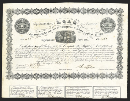 Act of August 19, 1861. $1000. Cr. 81, B-47. No. 1133. Four young boys as Bacchus, Mercury, etc. top center. Printed on white paper. Loose coupon. Signed by Tyler. Hoyer &
Ludwig, Richmond, Va. Scant foxing, soiling on left edge, folds, <