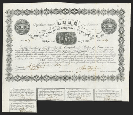 Act of August 19, 1861. $1000. Cr. 81, B-47. No. 1039. As previous. Signed by Tyler. 5 coupons below. Fold wear and toning, uneven top edge, but a nicely displaying VF. From
The Holger Dreher Collection