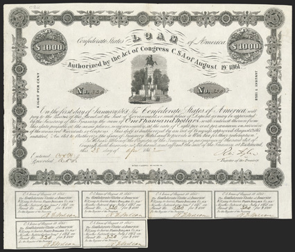 Act of August 19, 1861. $1000. Cr. 82, B-50. No. 320. Equestrian statue of Washington on the capitol grounds in Richmond, Va. Signed by Tyler. 6 coupons below. Folds, light
edge wear and soiling, but handsome and a strong VF. From The