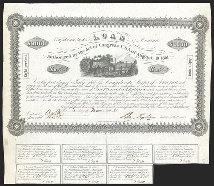 Act of August 19, 1861. $1000. Cr. 83, B-53. No. 562. Train with straight steam (similar vignette as found on the T-39, T-40 and T-49.) Printed on white paper. Signed by....
Hoyer & Ludwig, Richmond, Va. Uneven right edge, some soiling in m