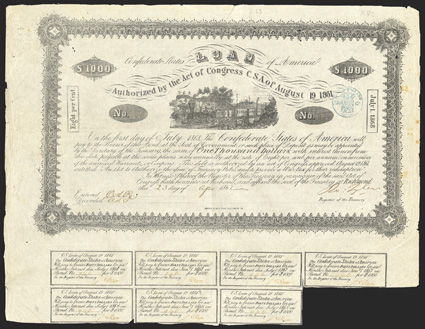 Act of August 19, 1861. $1000. Cr. X-83, B-C53. No. 946. Steam locomotive. Forged Tyler signature. Printed on thin onion skin paper. Imprint: Hoyer & Ludwig, Richmond, Va. Edge
wear including shipping, foxing in right margin, about VF